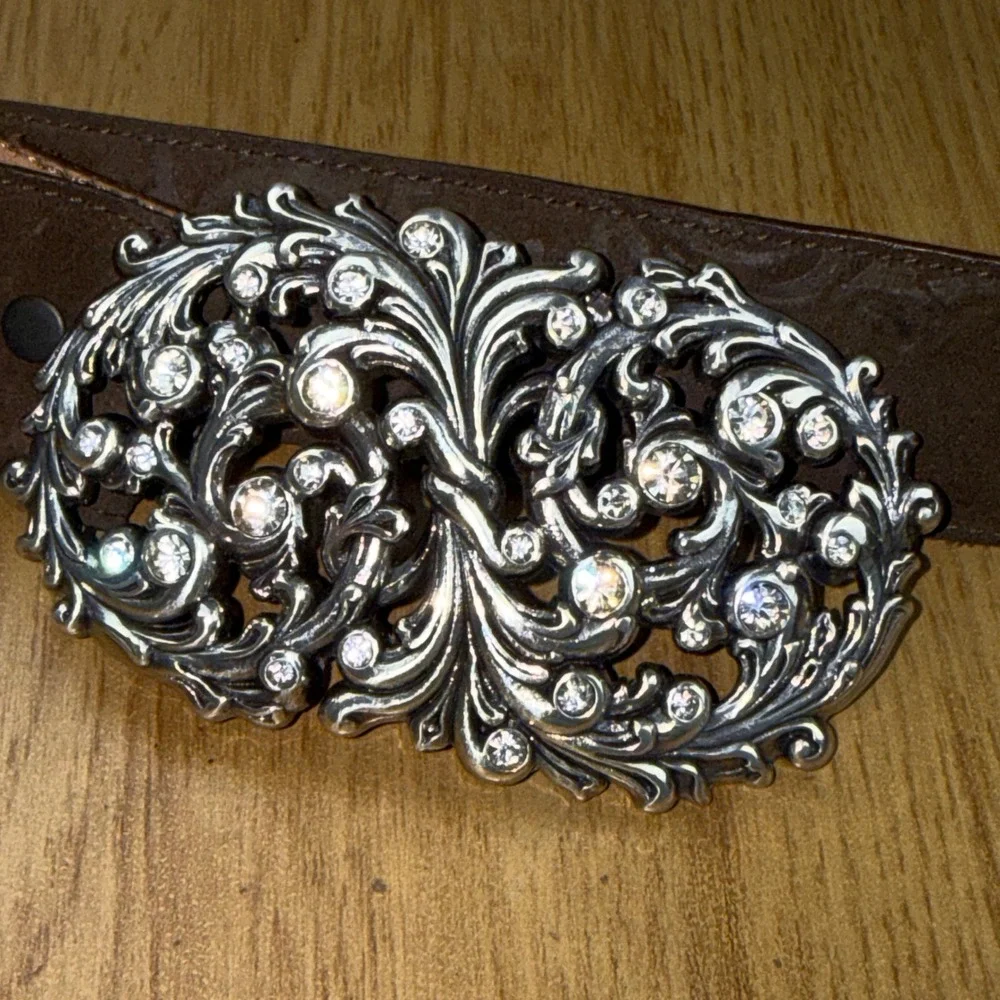Justin Womens Brown Leather Western Belt Rhinestone Filigree Buckle USA 30